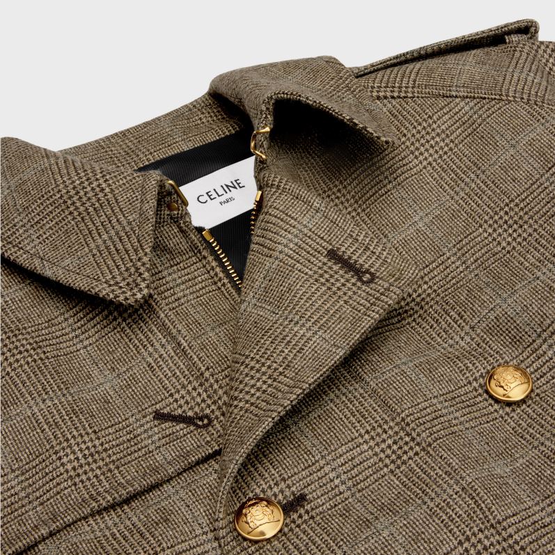 CELINE Kvinder bomberjakke i Prince of Wales flannel F44FV693 beklædning kamel/ebene/gris