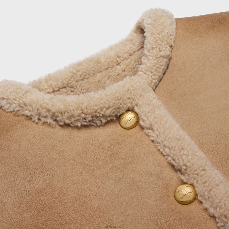CELINE unisex cardiganjakke i krøllet shearling lammeskind F44FV704 beklædning cognac/creme