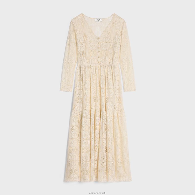 CELINE Kvinder lang kjole i hæklet bomuld F44FV584 beklædning craie