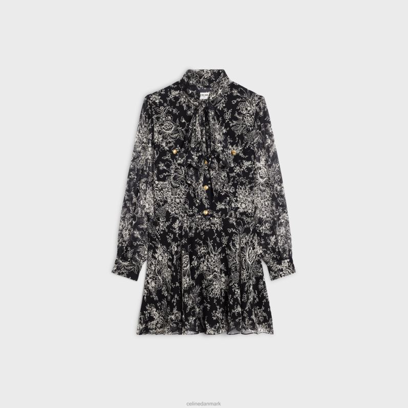 CELINE Kvinder lavalliere minikjole i silke georgette F44FV789 beklædning noir/craie