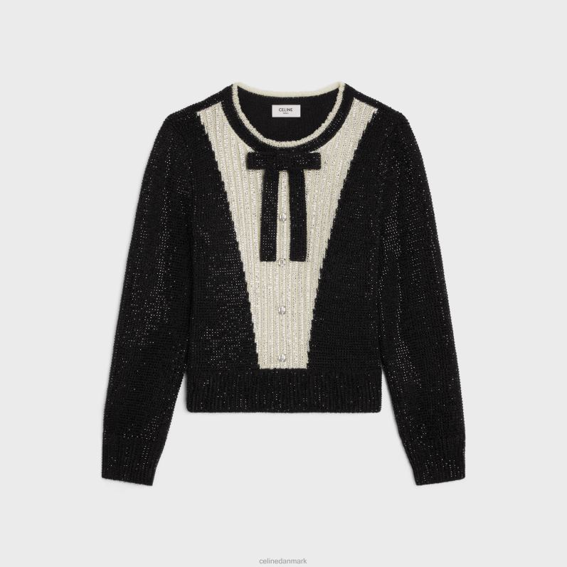 CELINE Kvinder alpaca-broderet sweater med rund hals og sløjfe F44FV603 beklædning sort/ecru