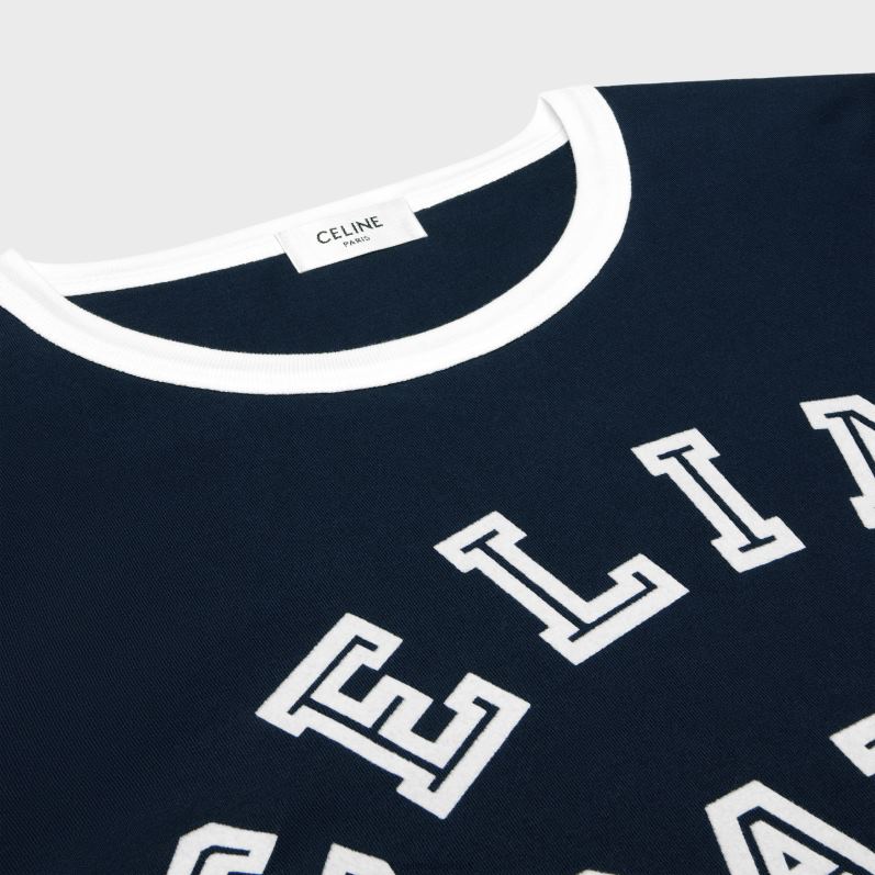 CELINE Kvinder paris t-shirt i bomuldsjersey F44FV674 beklædning marineblå/råhvid