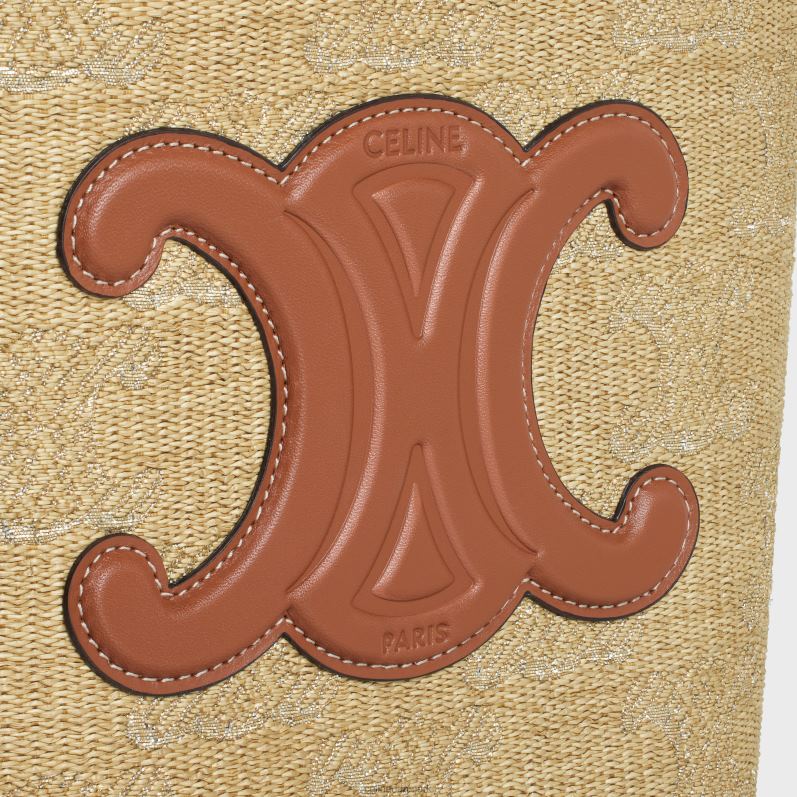 CELINE Kvinder lille bøtte cuir triomphe i raffia effekt tekstil med triomphe jacquard F44FV203 tilbehør natur/sølv