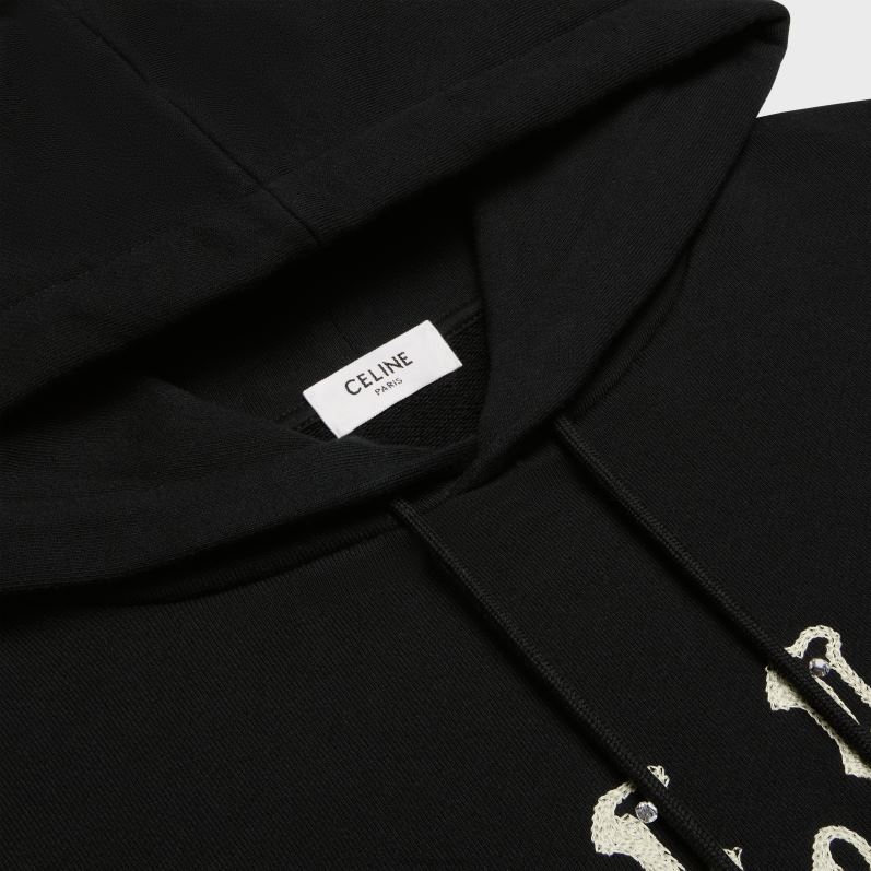 CELINE Mænd løs broderet hættetrøje i bomuldsfleece F44FV1940 beklædning sort/råhvid/krystal