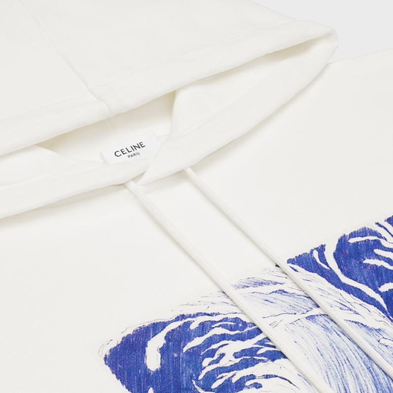 CELINE Mænd loose wave hættetrøje i bomuldsfleece F44FV1948 beklædning offwhite/blå