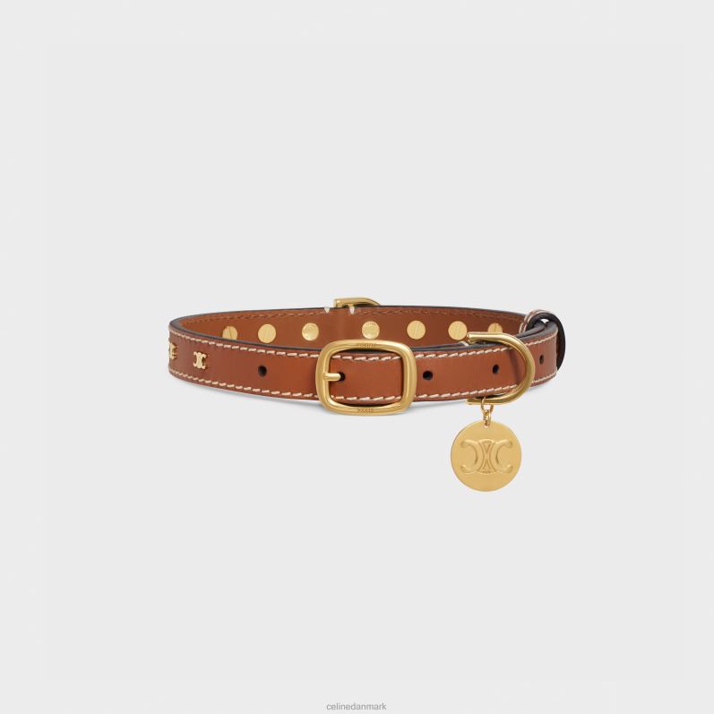 CELINE Mænd medium tyndt hundehalsbånd i glat kalveskind med triomfnitter F44FV1726 tilbehør tan